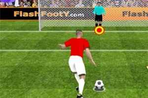 Kırmızı formalı bir futbolcu, penaltı atışı yapmaya hazırlanırken kaleye doğru bakıyor; kalecinin arkasında bir hedef simgesi bulunuyor
