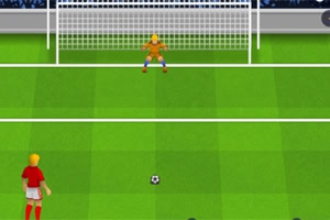 Yeşil sahada kırmızı formalı futbolcu kaleye penaltı atışı yapmaya hazırlanıyor, kaleci ise turuncu formasıyla kalede bekliyor