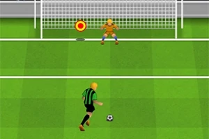 Yeşil bir sahada penaltı vuruşu yapan bir futbolcu ve kalede duran kaleci