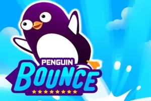 Mor ve beyaz bir penguen, mavi gökyüzü arka planında zıplarken görülüyor, altta büyük mavi harflerle yazılmış bir metin var