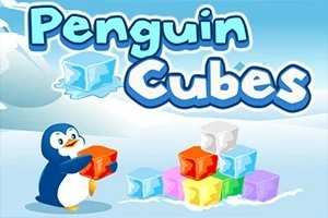 Mavi bir arka planda, renkli buz küpleri taşıyan sevimli bir pengueni ve büyük Penguin Cubes yazısını gösteren bir illüstrasyon