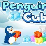 Mavi bir arka planda, renkli buz küpleri taşıyan sevimli bir pengueni ve büyük Penguin Cubes yazısını gösteren bir illüstrasyon