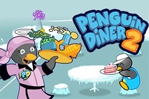 Bir penguen, elinde yemek tepsisi taşırken, diğer penguen ise masada oturup pasta yiyor