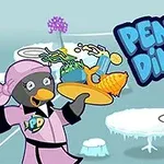 Bir penguen, elinde yemek tepsisi taşırken, diğer penguen ise masada oturup pasta yiyor