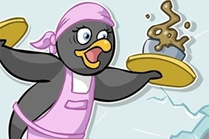 Pembe başörtüsü ve önlük takmış neşeli bir penguen, elinde tepsisinde dumanı tüten bir fincan taşırken görülüyor