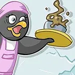 Pembe başörtüsü ve önlük takmış neşeli bir penguen, elinde tepsisinde dumanı tüten bir fincan taşırken görülüyor