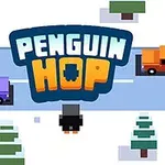 Karla kaplı bir yolda ilerleyen kamyonların arasında duran bir penguen ve yukarıda Penguin Hop yazısı
