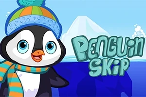 Mavi ve turuncu bereli, atkılı sevimli bir penguen, arka planda buzdağı manzarası ve Penguin Skip yazısı