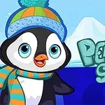Mavi ve turuncu bereli, atkılı sevimli bir penguen, arka planda buzdağı manzarası ve Penguin Skip yazısı