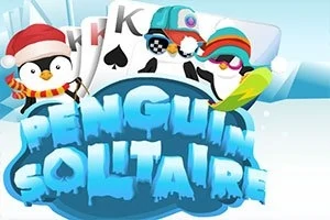 Penguen kostümleri giymiş sevimli karakterler ve iskambil kartlarıyla çevrili Penguin Solitaire logosu