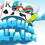 Penguen kostümleri giymiş sevimli karakterler ve iskambil kartlarıyla çevrili Penguin Solitaire logosu