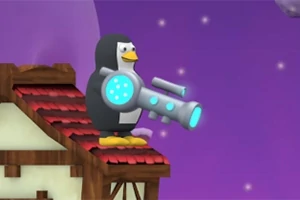 Penguen kostümü giymiş bir karakter, elinde büyük, mavi ışıklı bir silah tutarak kırmızı çatılı bir binanın üzerinde duruyor, arka plan mor ve yıldızlarla dolu