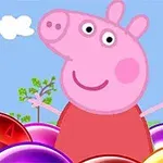 Pembe renkli bir çizgi karakter, gökyüzünde güneş ve bulutlar altında renkli topların arasında duruyor