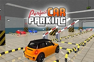 Turuncu bir araba, şeritlerle ayrılmış ve üzerinde Perfect Car Parking yazısı bulunan bir otopark sahnesinde görülüyor