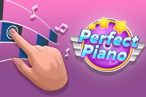 Pembe temalı bir arka plan üzerinde büyük yazıyla Perfect Piano metni, yıldızlar ve kalp simgesi, ayrıca bir el işareti görülüyor