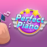 Pembe temalı bir arka plan üzerinde büyük yazıyla Perfect Piano metni, yıldızlar ve kalp simgesi, ayrıca bir el işareti görülüyor