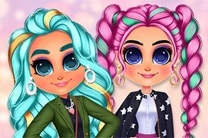 Renkli saçlara ve büyük gözlere sahip iki anime tarzı kız karakter, yıldız desenli ceketler giymiş