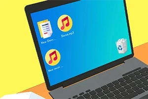 Dizüstü bilgisayar ekranında dosya ve müzik simgeleri bulunan masaüstü görünümü