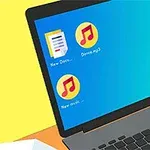 Dizüstü bilgisayar ekranında dosya ve müzik simgeleri bulunan masaüstü görünümü