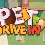 Renkli Pet Drive In yazısı, arka planda çeşitli yiyecek simgeleriyle çevrili