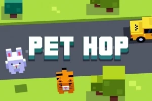 Yolun üzerinde bir tavşan ve kaplan karakterleri ile PET HOP yazısı, yanlarında ağaçlar ve bir taksi