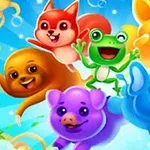 Renkli ve neşeli karikatür stilinde kedi, kurbağa, fil, sincap, köpek ve tavşan gibi hayvan figürleri