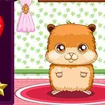Sevimli bir hamster, çiçek desenli duvar kağıdı önünde pembe bir halıda dururken, yanında balonlar ve yıldız simgesi olan bir menü