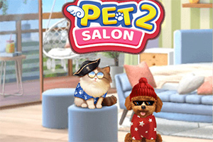 Kedinin denizci şapkası ve güneş gözlüğü, köpeğin ise kırmızı bere ve güneş gözlüğü taktığı bir salon ortamı