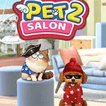 Kedinin denizci şapkası ve güneş gözlüğü, köpeğin ise kırmızı bere ve güneş gözlüğü taktığı bir salon ortamı