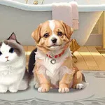 Banyonun önünde yan yana oturan sevimli bir kedi ve köpek