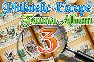Bir büyüteç altındaki pulların üzerinde Philatelic Escape Fauna Album 3 metni