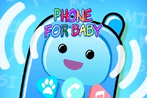Mavi arka plan önünde, sevimli yüz ifadesine sahip bir telefon çizimi ve üzerinde renkli Phone for Baby yazısı