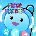 Mavi arka plan önünde, sevimli yüz ifadesine sahip bir telefon çizimi ve üzerinde renkli Phone for Baby yazısı