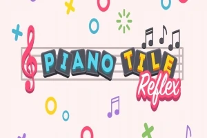 Pembe zeminde müzik notaları ve renkli geometrik şekillerle çevrili, Piano Tile Reflex yazılı logo
