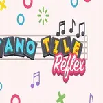 Pembe zeminde müzik notaları ve renkli geometrik şekillerle çevrili, Piano Tile Reflex yazılı logo