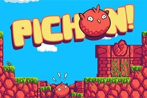 Kırmızı sevimli bir kuş ve sarı büyük harflerle PICHON yazısı, bloklardan oluşan bir platform üzerinde