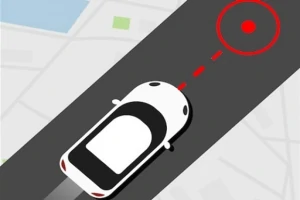 Üstten görünüm beyaz bir araba, karanlık bir yolda ilerliyor ve kırmızı bir nokta hedefi gösteriyor