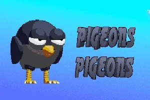 Mavi bir arka plan üzerinde karikatür tarzında siyah, sevimli bir kuş ve PIGEONS yazısı