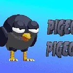 Mavi bir arka plan üzerinde karikatür tarzında siyah, sevimli bir kuş ve PIGEONS yazısı