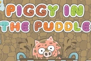 Pembe bir domuz, çamur birikintisinde yuvarlanıyor ve üzerinde renkli harflerle Piggy in the Puddle yazıyor