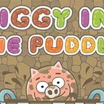 Pembe bir domuz, çamur birikintisinde yuvarlanıyor ve üzerinde renkli harflerle Piggy in the Puddle yazıyor