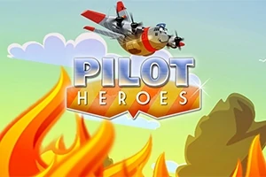 Gökyüzünde uçan sevimli bir uçak, altında ateşler ve büyük bir “Pilot Heroes” yazısı