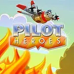 Gökyüzünde uçan sevimli bir uçak, altında ateşler ve büyük bir “Pilot Heroes” yazısı