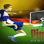 Mavi-beyaz formayla futbol topuna vole vuran bir futbolcu ve arka planda kırmızı kalede bir futbol topu