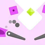 Pembe ve beyaz arka plan üzerinde yer alan iki gri flipper, yeşil elmas şekli ve mor kareler ile dolu minimalist tasarım