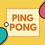 Ping pong yazısı, sarı arka plan üzerine yerleştirilmiş ve iki farklı renkte ping pong raketi ile top gösteriliyor