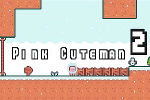 Piksel tarzı bir platform üzerinde pembe bir karakter ile Pink Cuteman 2 yazısı