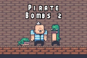 Üzerinde Pirate Bombs 2 yazısı bulunan tuğla bir duvar önünde duran, çizgi film tarzında bir korsan karakteri ve yeşil renkte iki farklı yaratık