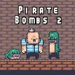 Üzerinde Pirate Bombs 2 yazısı bulunan tuğla bir duvar önünde duran, çizgi film tarzında bir korsan karakteri ve yeşil renkte iki farklı yaratık