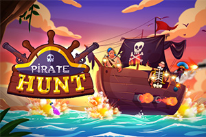 Eğlenceli bir temada, korsan bayrağı taşıyan ahşap bir gemi, renkli su üzerinde ilerlerken top ateşi ediyor; yanında Pirate Hunt yazısı